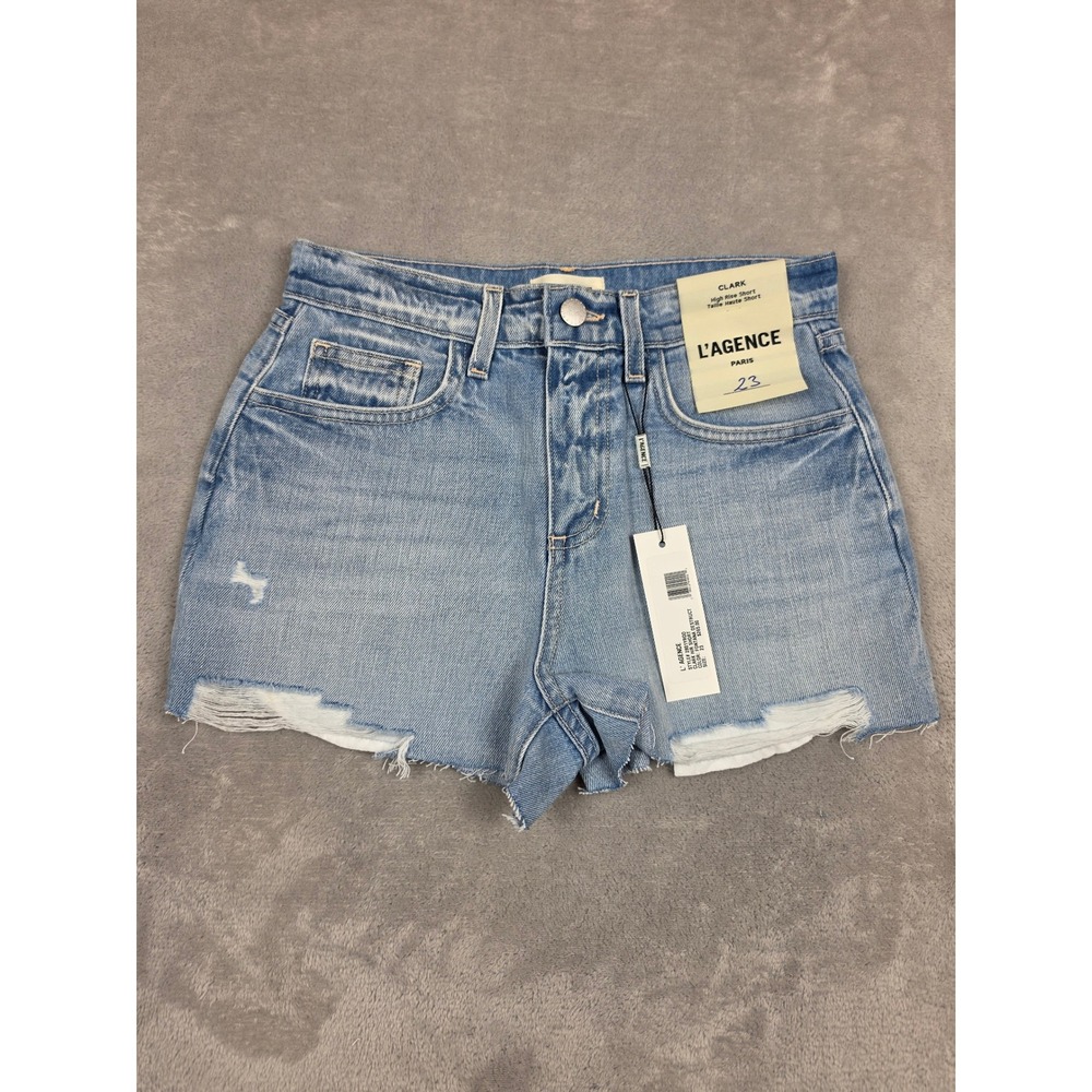 L'AGENCE Clark High Rise Shorts Women 23 Blue Fontana Destruct Denim